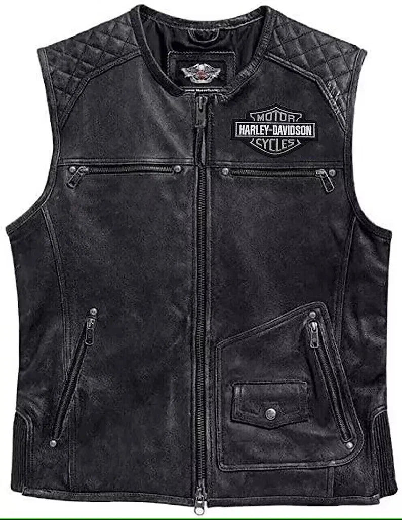 Harley Davidson Men's Café Moto Biker Vest 100% Genuine Leather Motorcycle
