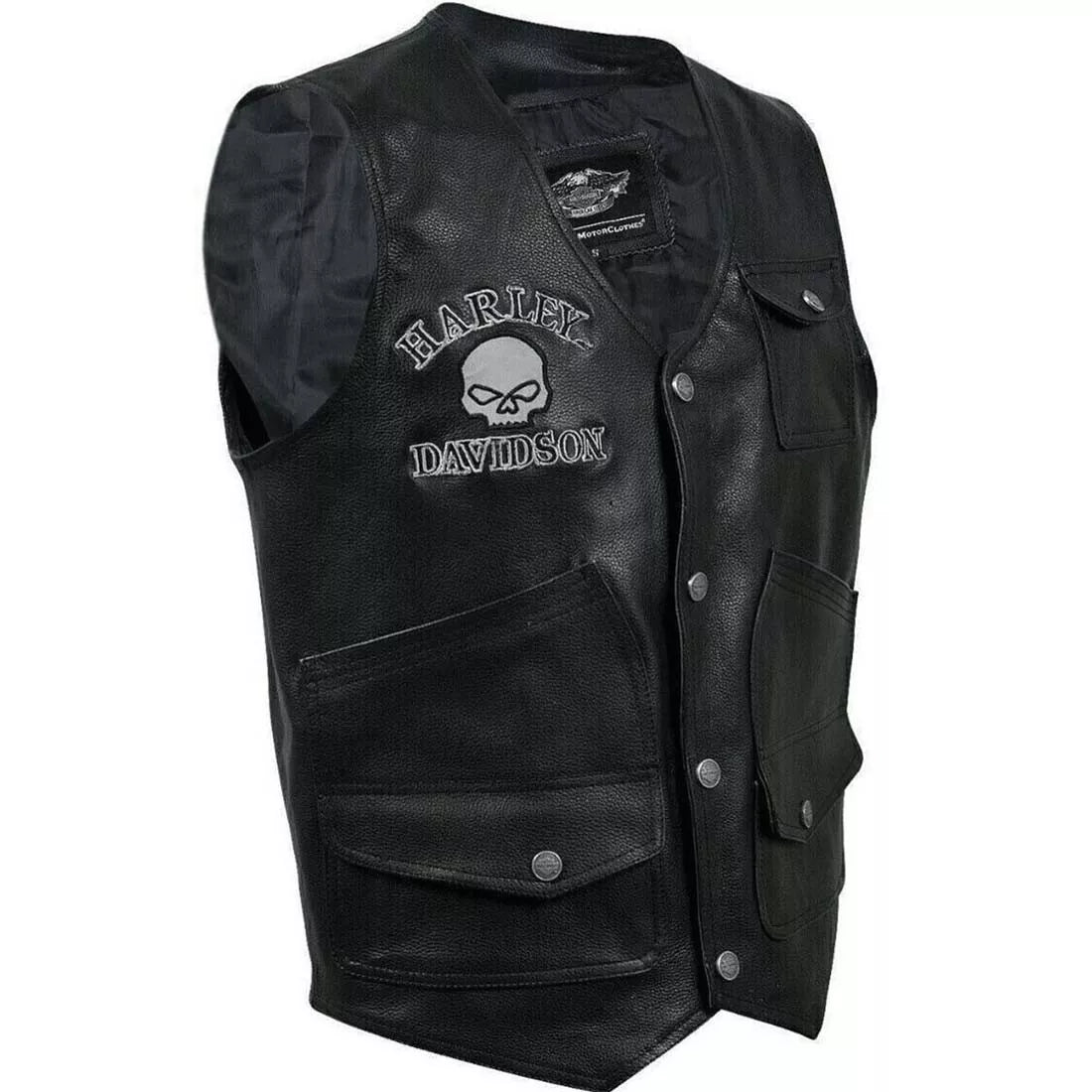 Harley Men's Reflective Skull Real Leather Black Motorcycle Vest HD Biker vest