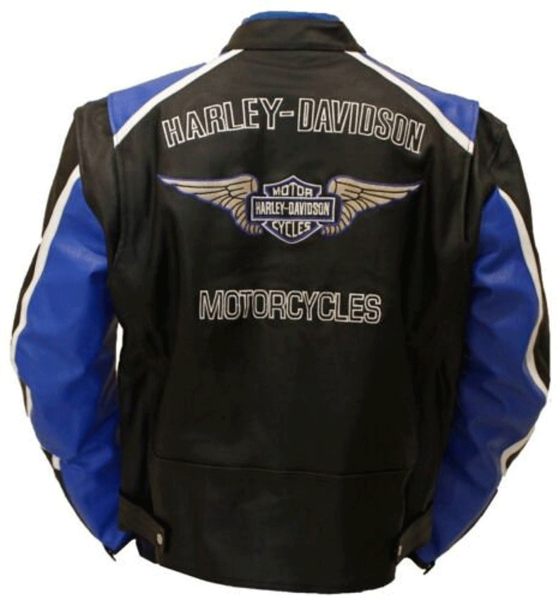 Harley Davidson Men's Blue & Black Leather Biker Jacket
