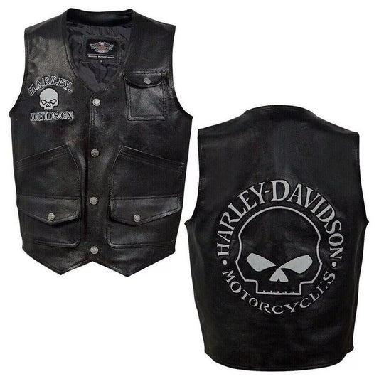Harley Men's Reflective Skull Real Leather Black Motorcycle Vest HD Biker vest
