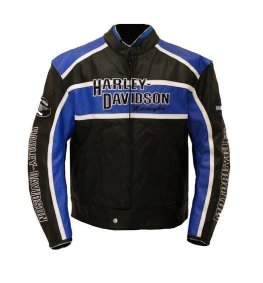 Harley Davidson Men's Blue & Black Leather Biker Jacket
